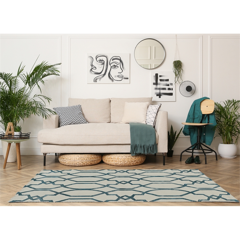 Riverbay Furniture Transitional Polyester 5'x7' Rug in Ivory and Teal
