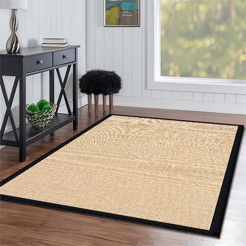 Riverbay Furniture Machine Tufted Wool 5'x8' Rug in Natural and Black Leather
