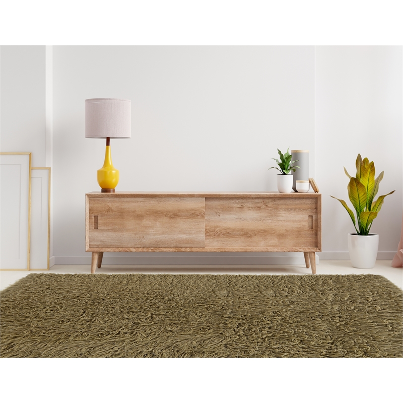 Riverbay Furniture Transitional Flokati Hand Woven Wool 8'x10' Rug in Brown