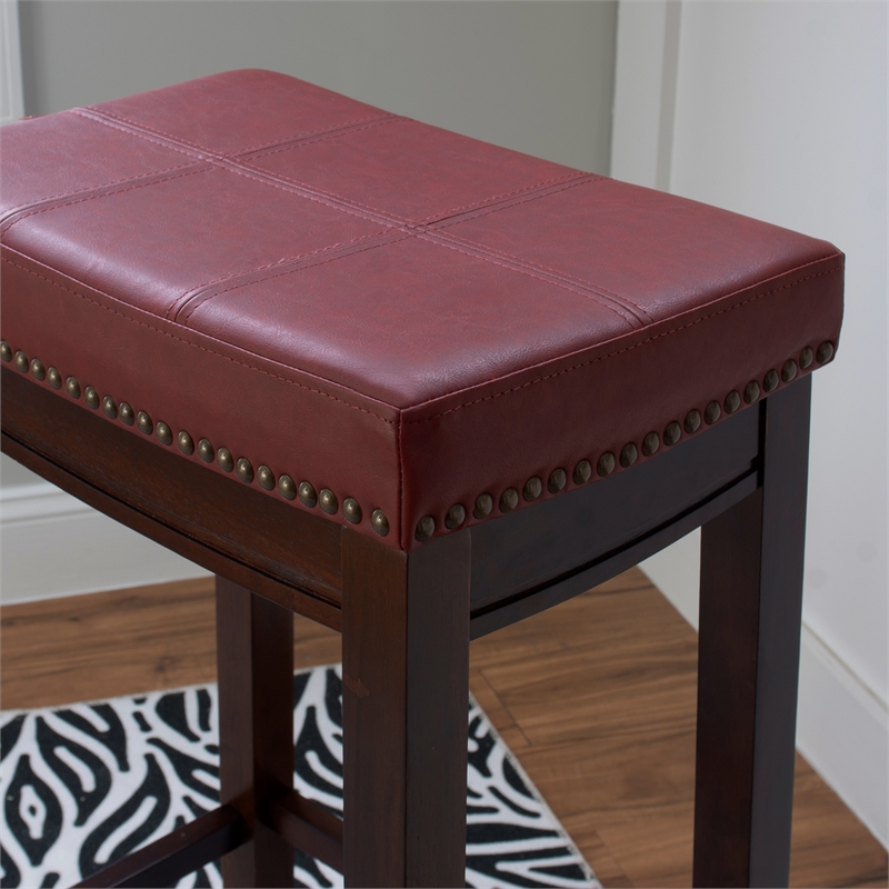 Riverbay Furniture Set of 3 Backless Bar Stool Red Faux Leather in Dark Brown
