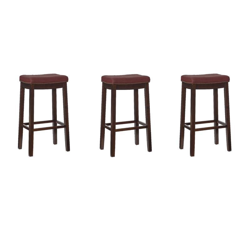 Riverbay Furniture Set of 3 Backless Bar Stool Red Faux Leather in Dark Brown