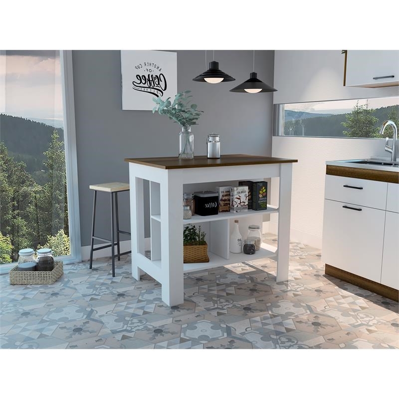 Carell Furniture White Modern Engineered Wood Walnut Top Cala kitchen Island