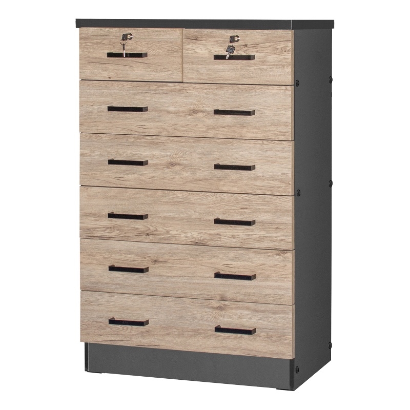 Carell Furniture 7 Drawer Chest Wooden Dresser Natural Oak & Dark Gray