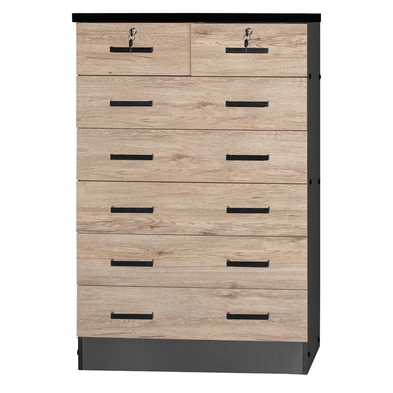 Carell Furniture 7 Drawer Chest Wooden Dresser Natural Oak & Dark Gray