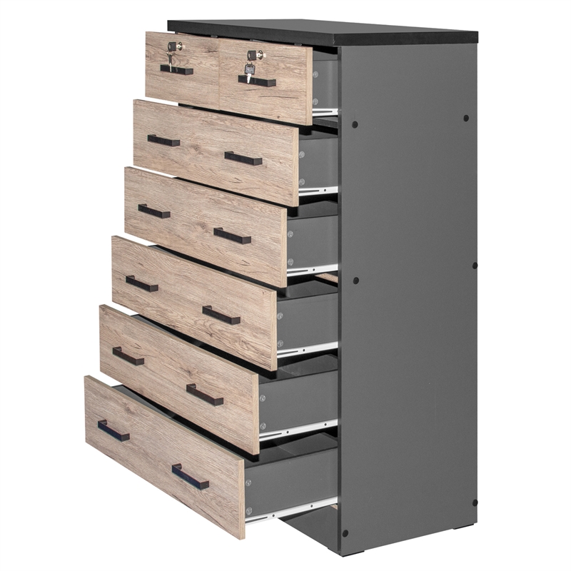 Carell Furniture 7 Drawer Chest Wooden Dresser Natural Oak & Dark Gray