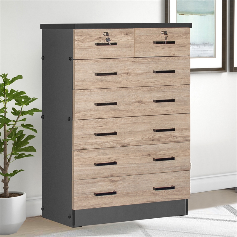 Carell Furniture 7 Drawer Chest Wooden Dresser Natural Oak & Dark Gray