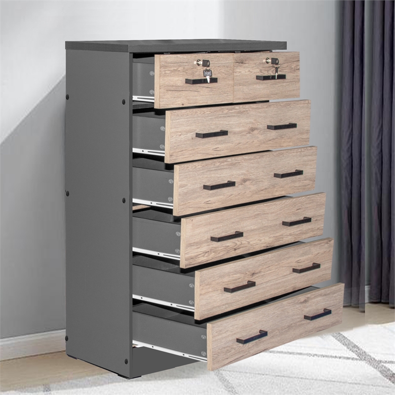 Carell Furniture 7 Drawer Chest Wooden Dresser Natural Oak & Dark Gray