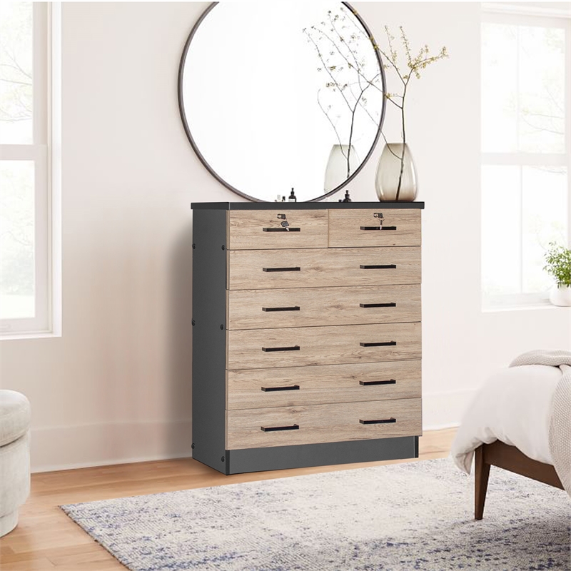Carell Furniture 7 Drawer Chest Wooden Dresser Natural Oak & Dark Gray