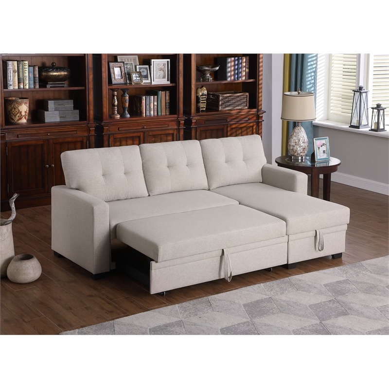 Carell Furniture Polyester Fabric Reversible Sleeper Sectional Sofa-Beige