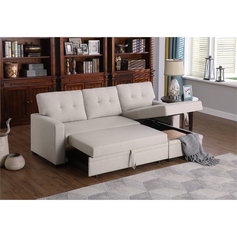 Carell Furniture Polyester Fabric Reversible Sleeper Sectional Sofa-Beige