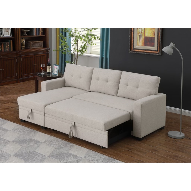 Carell Furniture Polyester Fabric Reversible Sleeper Sectional Sofa-Beige