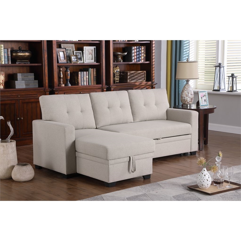 Carell Furniture Polyester Fabric Reversible Sleeper Sectional Sofa-Beige