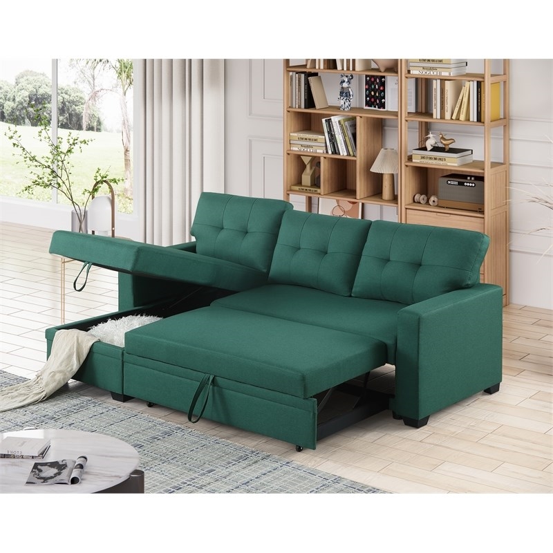 Carell Furniture Polyester Fabric Reversible Sleeper Sectional Sofa-Green