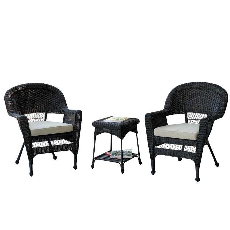 Carell Furniture 3 Piece Wicker Conversation Set in Black with Tan Cushions