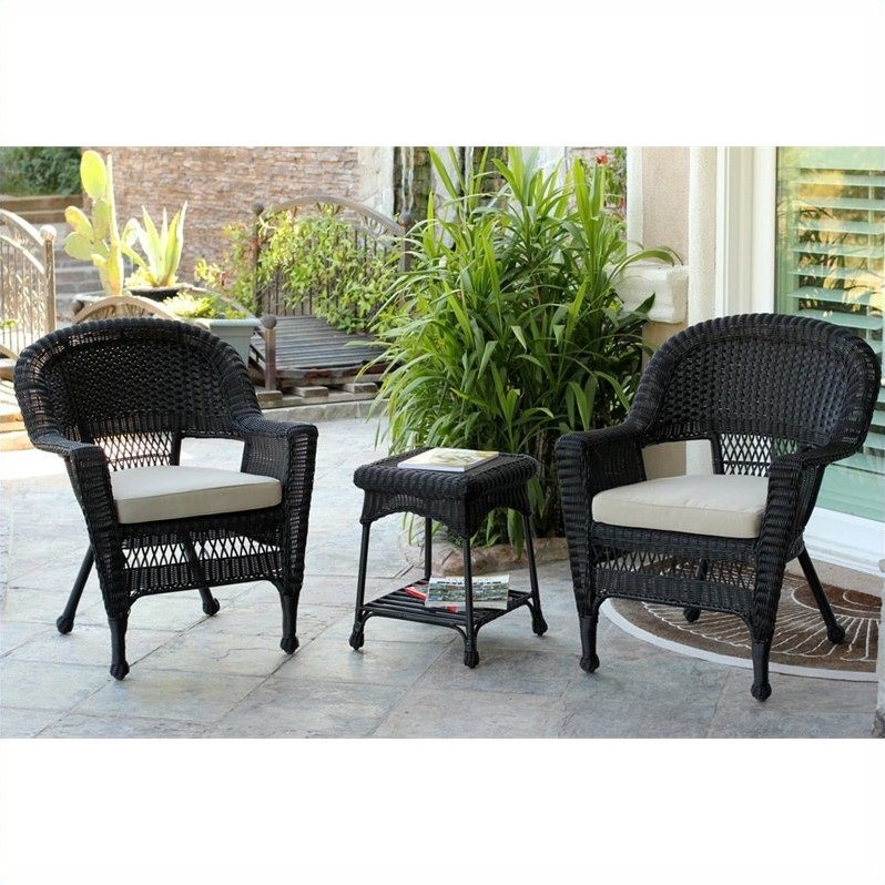 Carell Furniture 3 Piece Wicker Conversation Set in Black with Tan Cushions