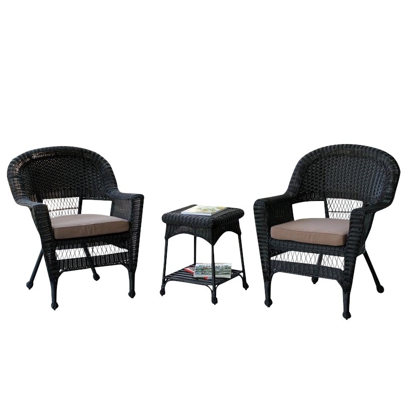 Carell Furniture 3 Piece Wicker Conversation Set in Black with Brown Cushions