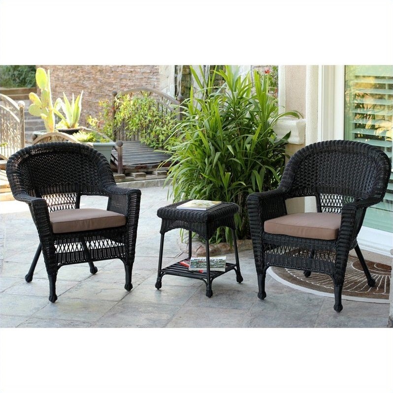 Carell Furniture 3 Piece Wicker Conversation Set in Black with Brown Cushions