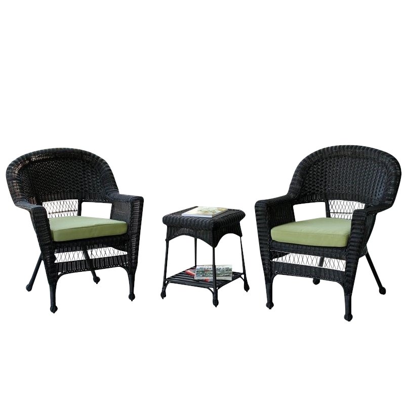 Carell Furniture 3 Piece Wicker Conversation Set in Black with Green Cushions