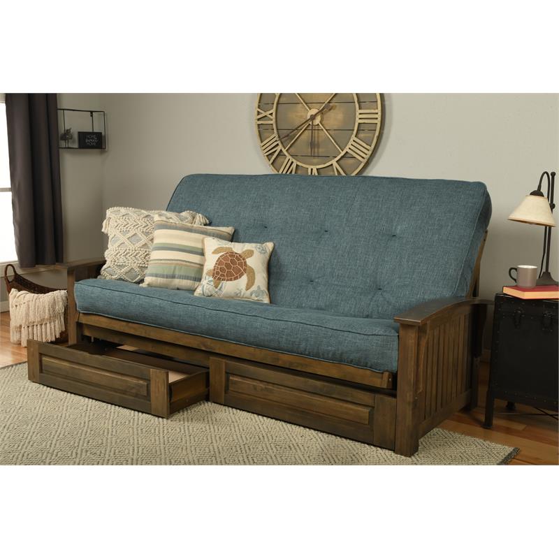 Carell Furniture Queen-size Wood Storage Futon- Aqua Blue Mattress