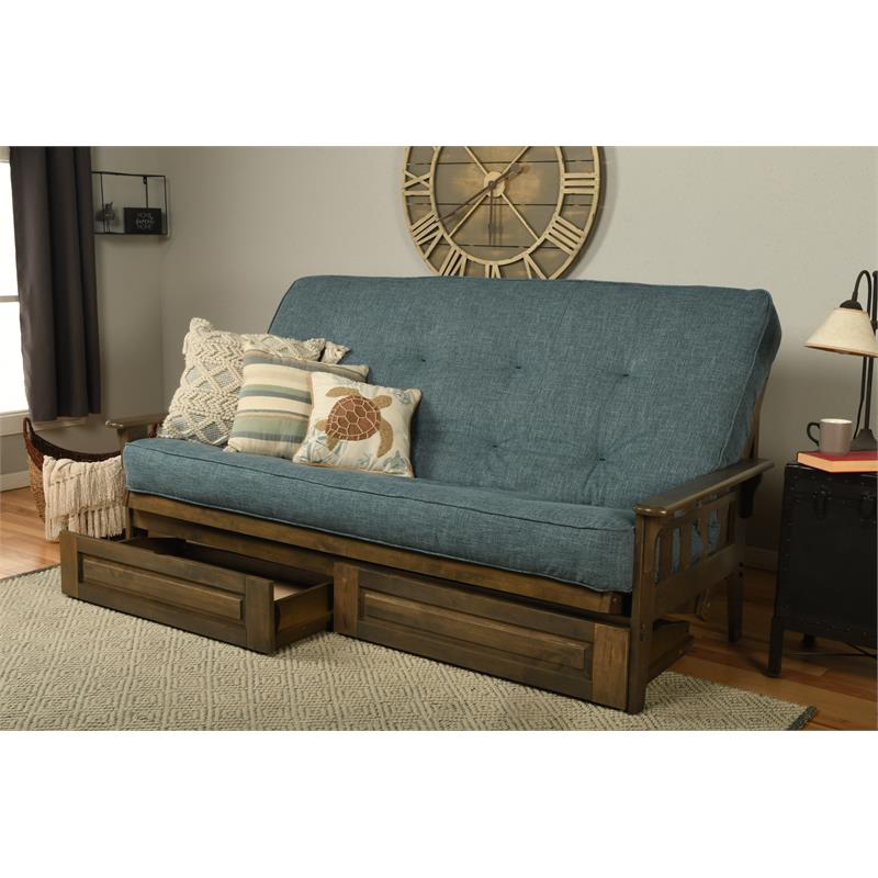 Carell Furniture Queen-size Wood Storage Futon-Linen Aqua Blue Mattress