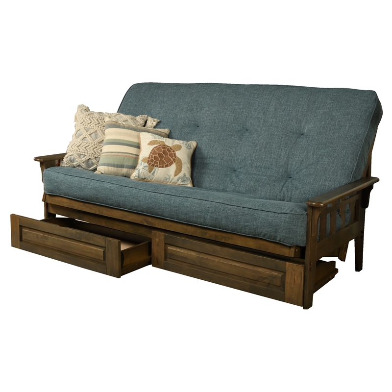Carell Furniture Queen-size Wood Storage Futon-Linen Aqua Blue Mattress