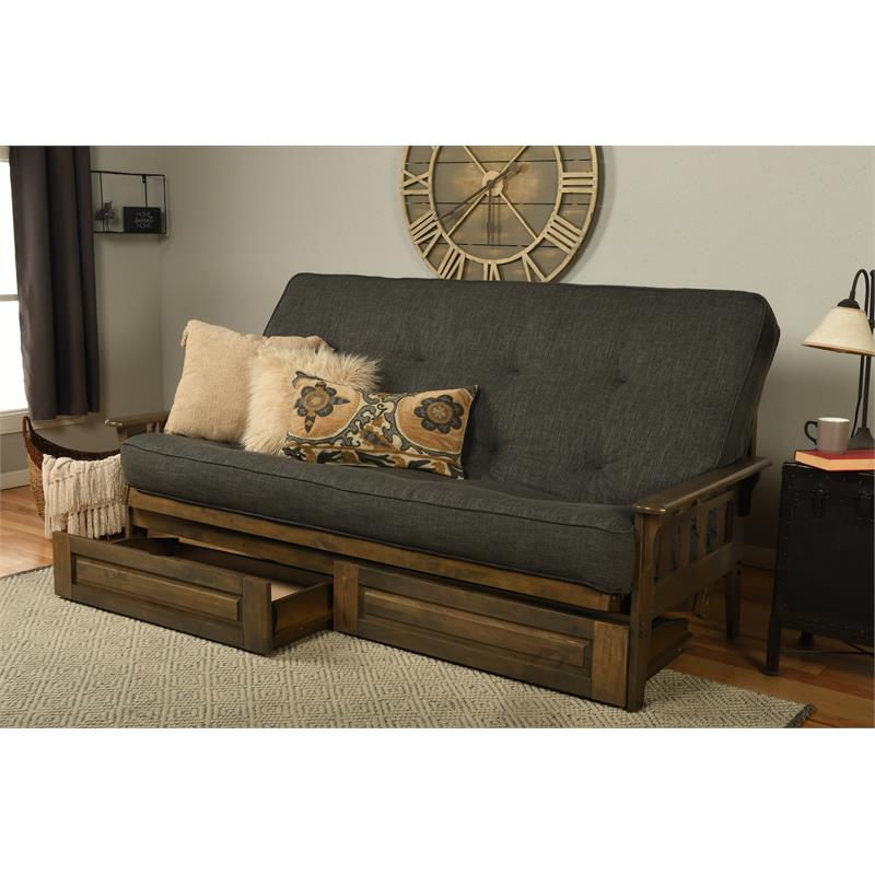 Carell Furniture Queen-size Wood Storage Futon-Linen Charcoal Mattress