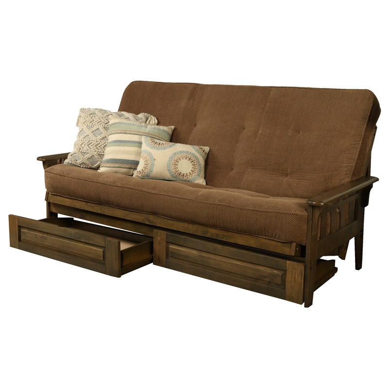 Carell Furniture Queen-size Wood Storage Futon-Mocha Brown Mattress