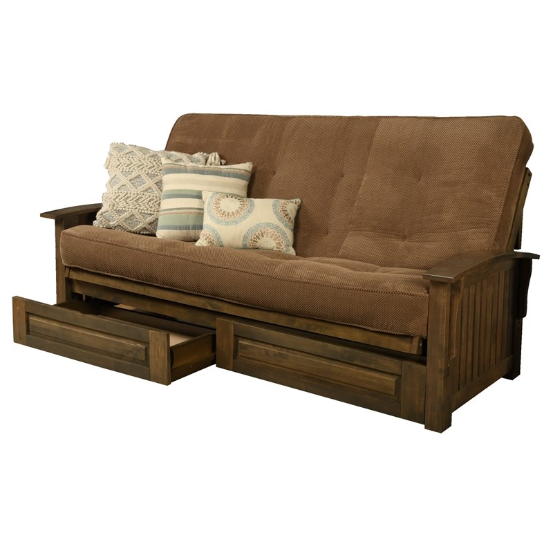 Carell Furniture Queen-size Wood Storage Futon-Mocha Brown Mattress