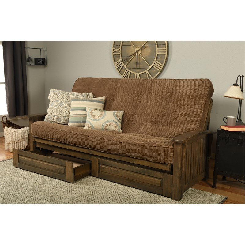 Carell Furniture Queen-size Wood Storage Futon-Mocha Brown Mattress