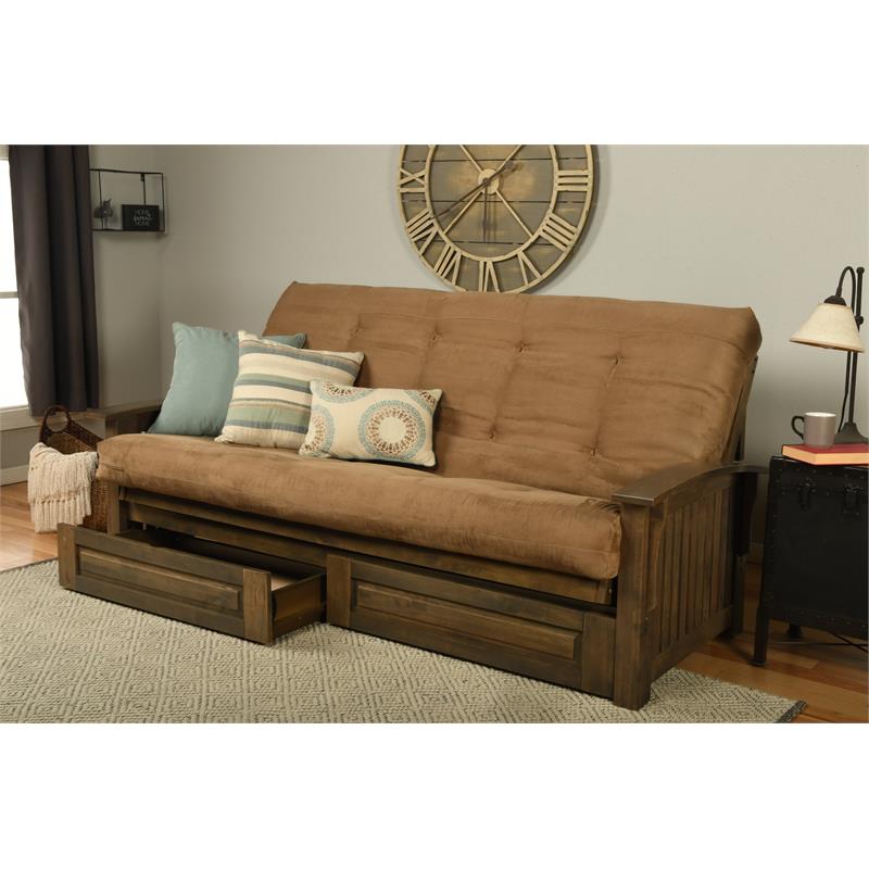 Carell Furniture Queen-size Wood Storage Futon-Suede Peat Mattress