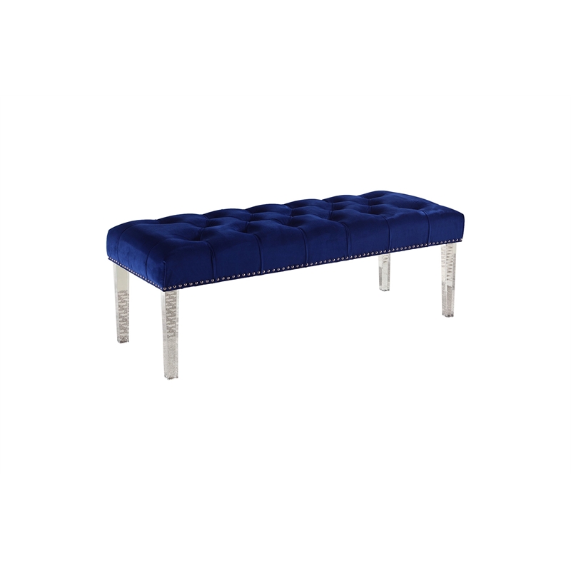 Best Master Suede Fabric Upholstered Bench in Navy Blue/Acrylic Legs