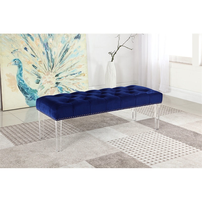 Best Master Suede Fabric Upholstered Bench in Navy Blue/Acrylic Legs