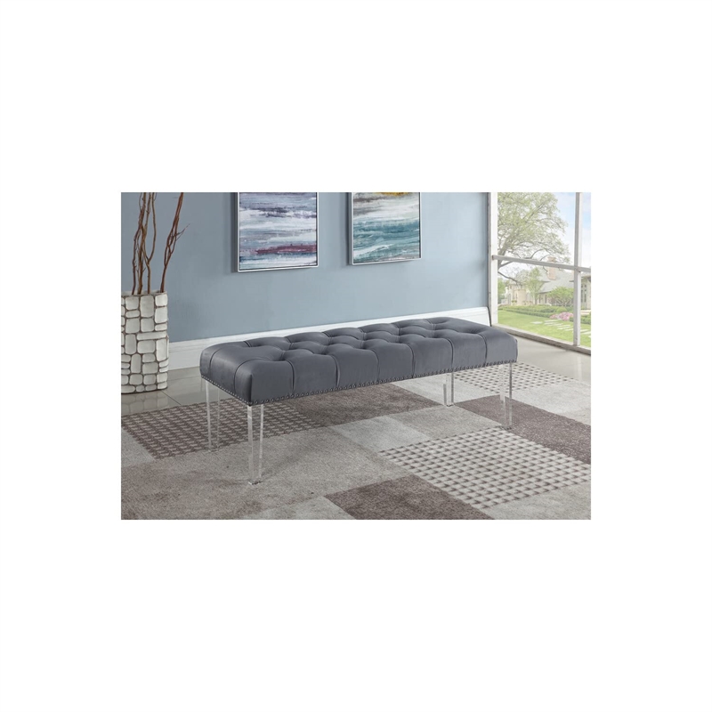 Best Master Suede Fabric Upholstered Tufted Bench in Gray/Acrylic Legs