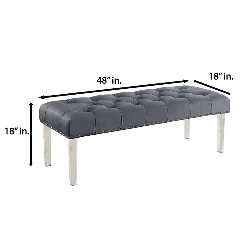 Best Master Suede Fabric Upholstered Tufted Bench in Gray/Acrylic Legs
