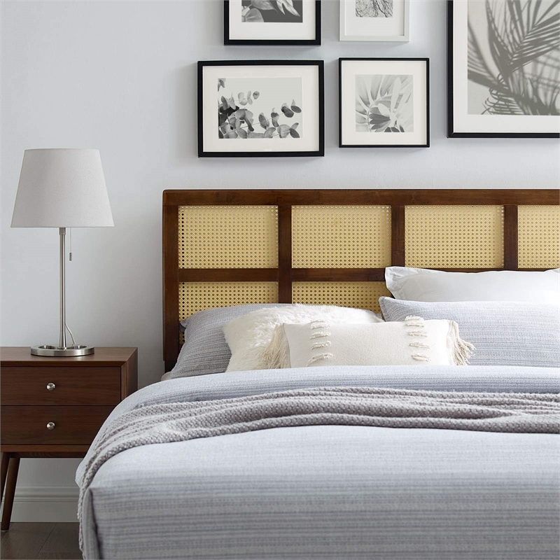 Carell Furniture Cane Rattan and Rubberwood King Headboard in Walnut