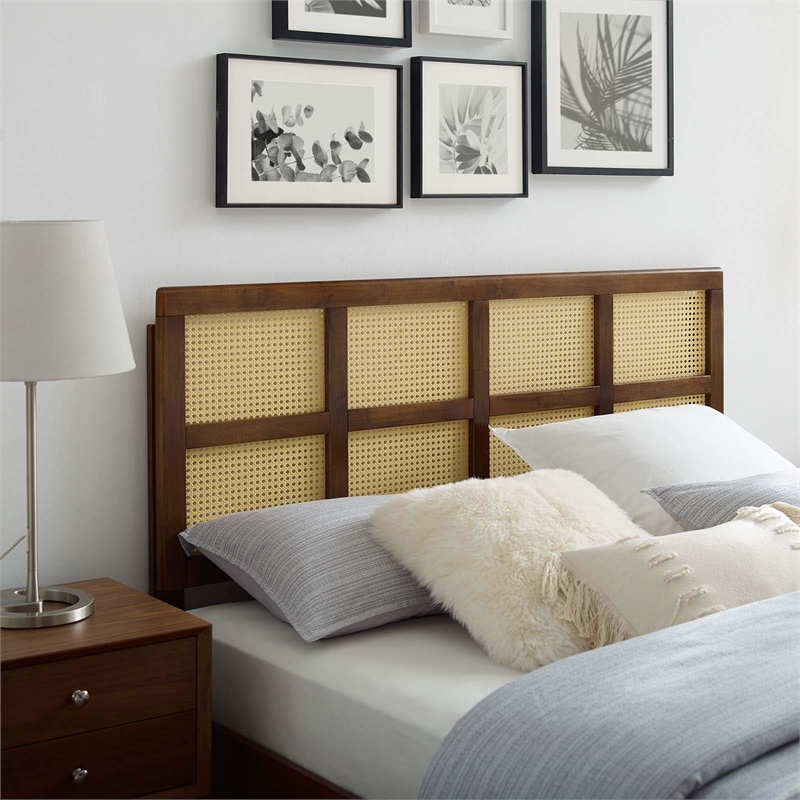 Carell Furniture Cane Rattan and Rubberwood King Headboard in Walnut