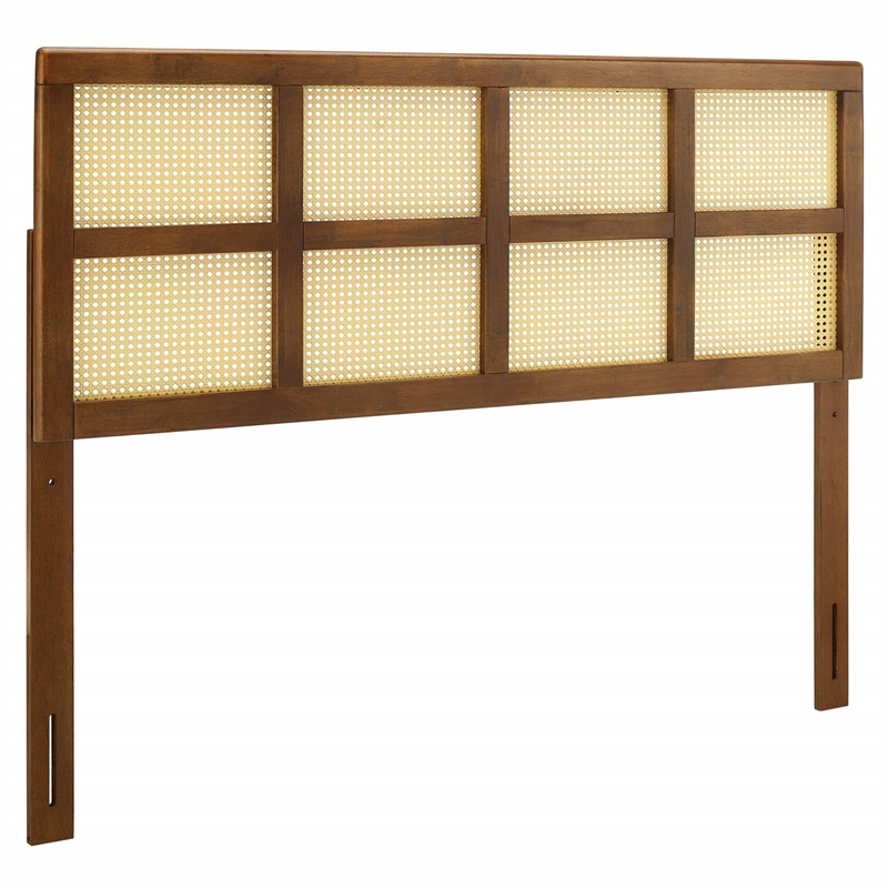 Carell Furniture Cane Rattan and Rubberwood King Headboard in Walnut