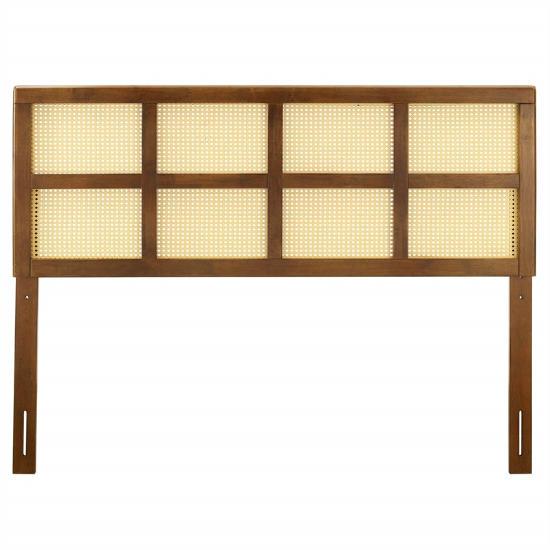 Carell Furniture Cane Rattan and Rubberwood King Headboard in Walnut