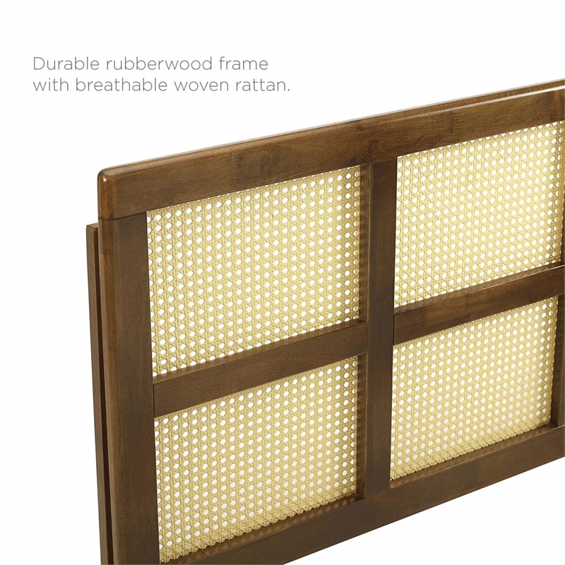 Carell Furniture Cane Rattan and Rubberwood King Headboard in Walnut