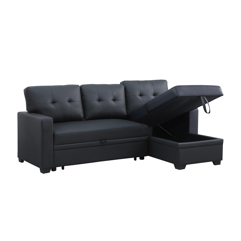 Devion Furniture Faux Leather Reversible Sleeper Sectional Sofa-Black