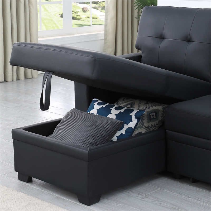 Devion Furniture Faux Leather Reversible Sleeper Sectional Sofa-Black