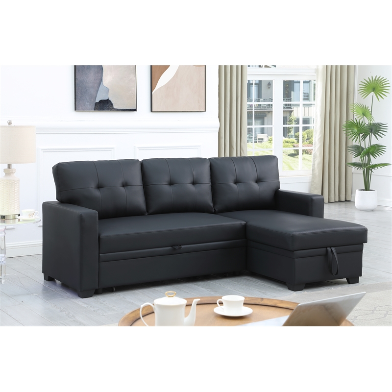 Devion Furniture Faux Leather Reversible Sleeper Sectional Sofa-Black