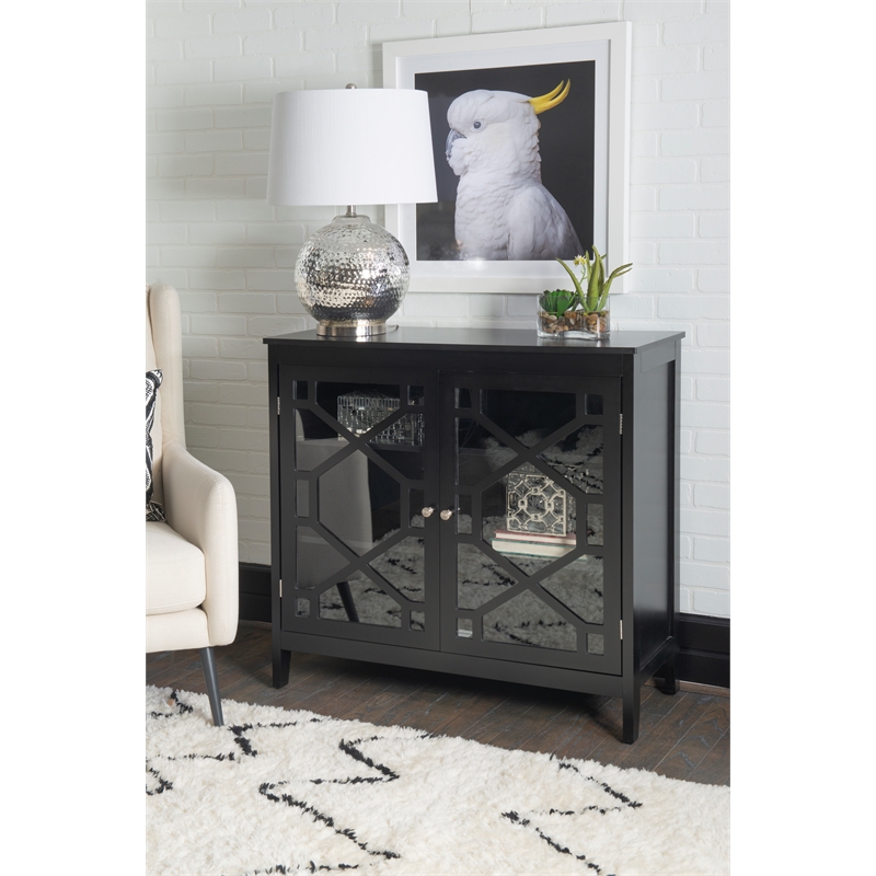 Linon Betty Large Wood Cabinet with 2 Glass Paneled Doors and 3 Shelves in Black