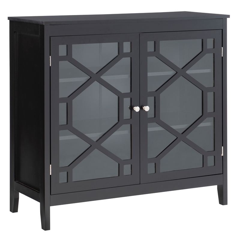 Linon Betty Large Wood Cabinet with 2 Glass Paneled Doors and 3 Shelves in Black