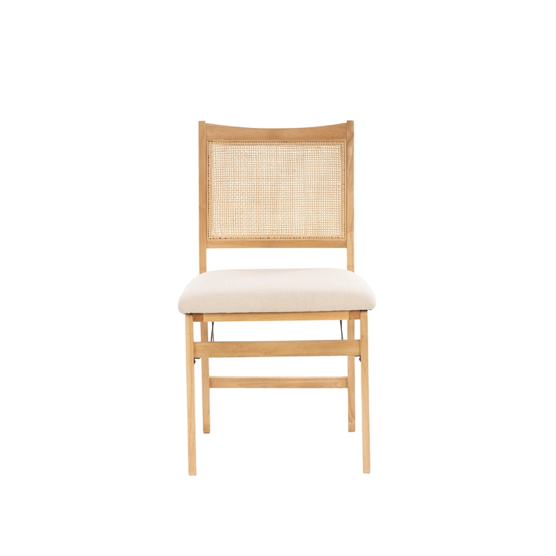 Linon Lorna Folding Side Chair Woven Cane Back Beige Padded Seat in Natural Wood