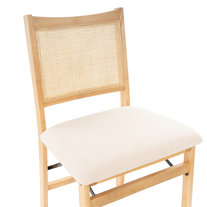 Linon Lorna Folding Side Chair Woven Cane Back Beige Padded Seat in Natural Wood
