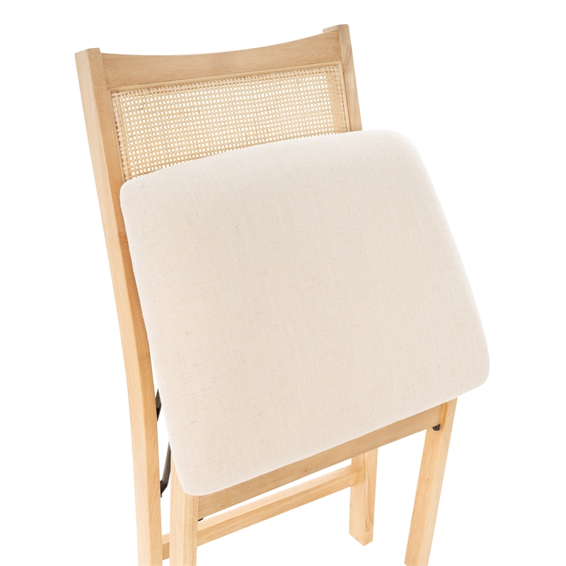 Linon Lorna Folding Side Chair Woven Cane Back Beige Padded Seat in Natural Wood