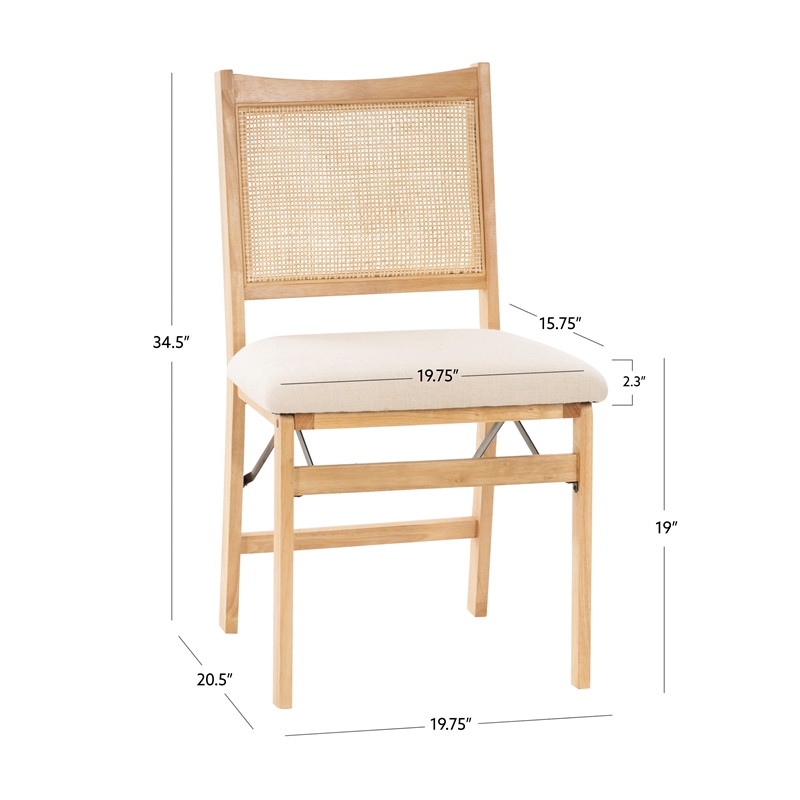 Linon Lorna Folding Side Chair Woven Cane Back Beige Padded Seat in Natural Wood