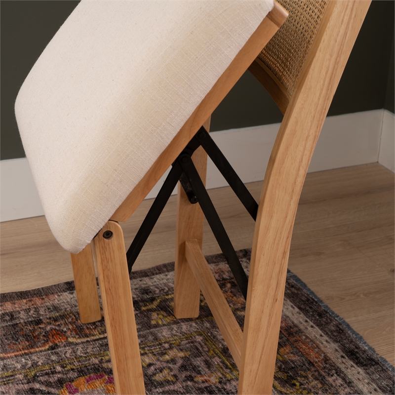 Linon Lorna Folding Side Chair Woven Cane Back Beige Padded Seat in Natural Wood