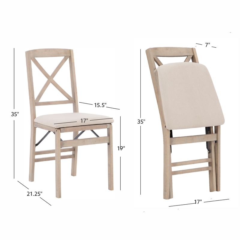 Linon Triena X-Back Set of Two Folding Chairs Padded Seat in Graywash Wood